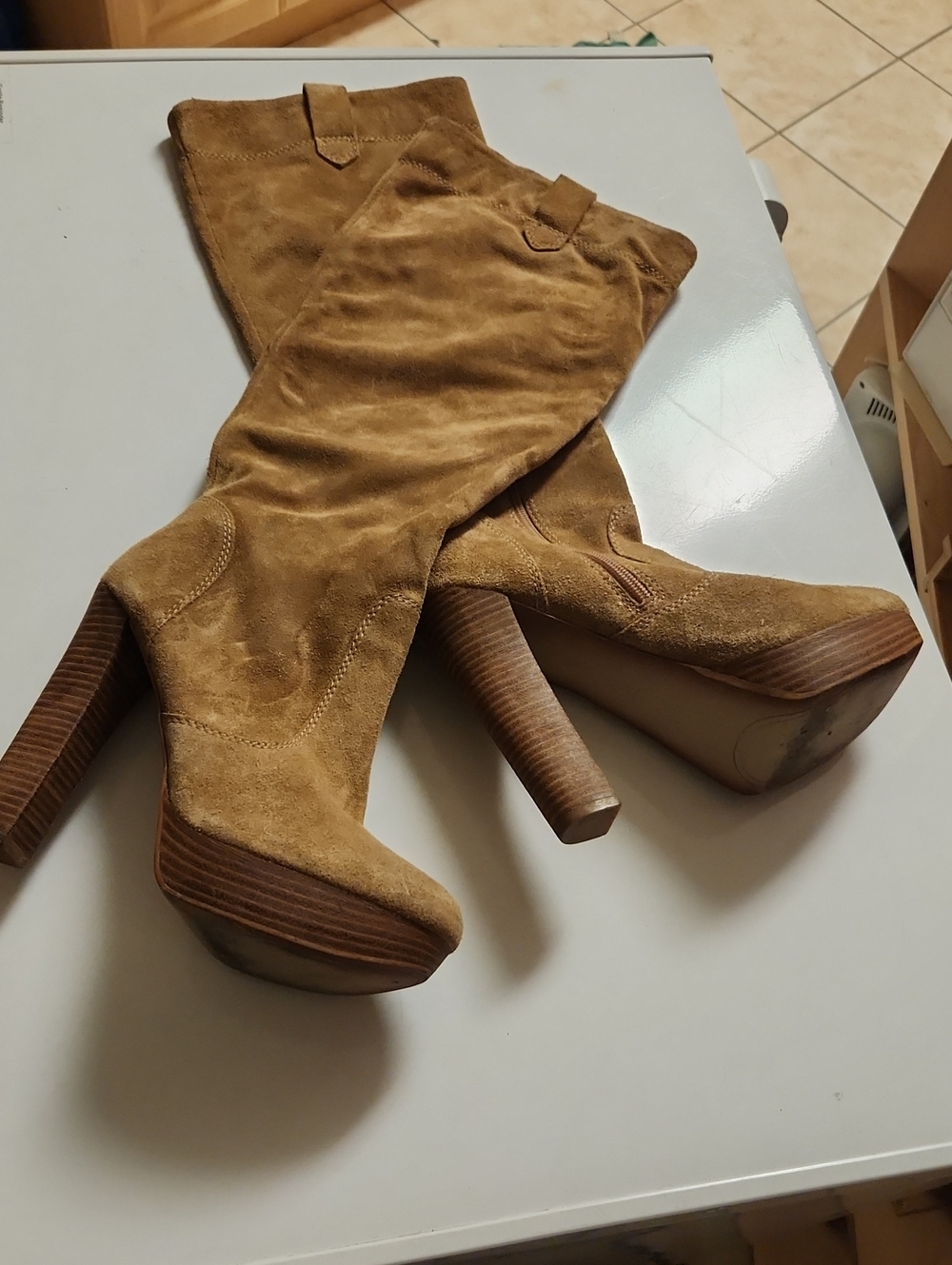 Tall Tan Suede Platform Heel Boots for Women